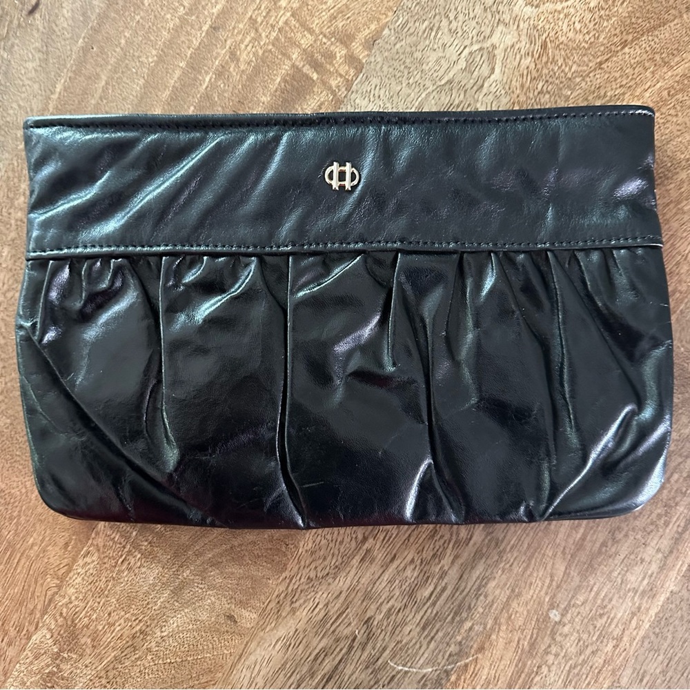 Vintage Letisse Leather Clutch Purse Black Leather Gold Emblem Vintage Handbag